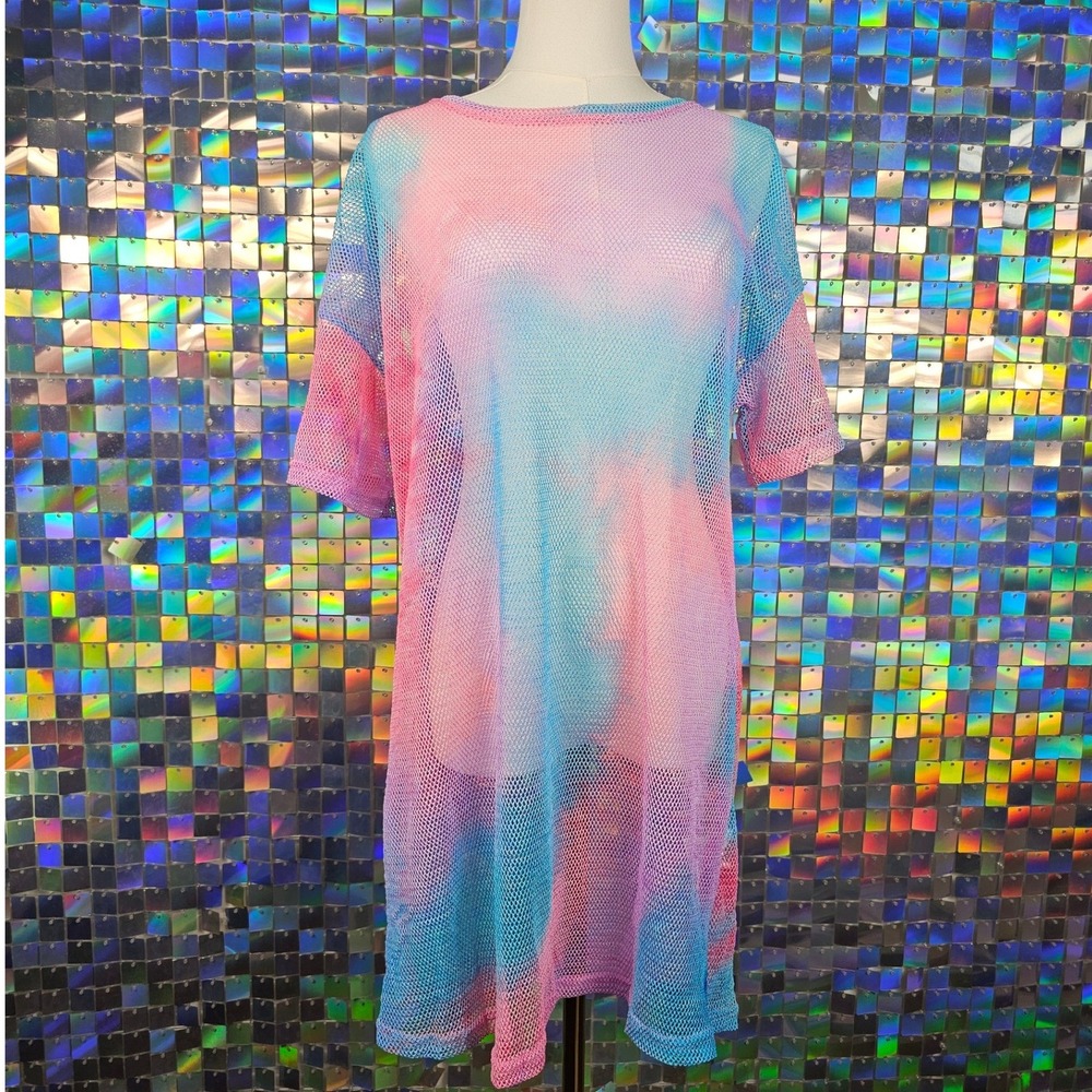 Fishnet Mesh T-Shirt Dress Womens‎ M Pastel Tie Dye Oversized Rave Festival Club